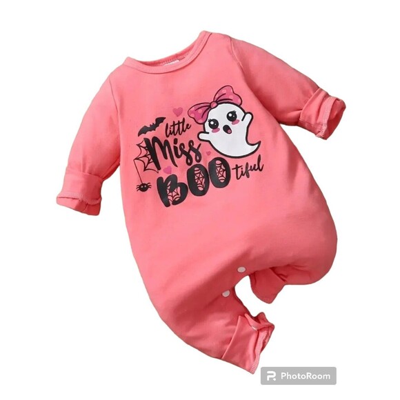 6-9M Halloween Baby Girls Romper "Little Miss BOOtiful"  with Ghost & Spider - Picture 1 of 9